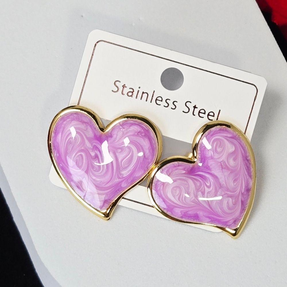 Large Purple Marbled Heart Stud Earrings Gold Stainless Steel Y2K Statement